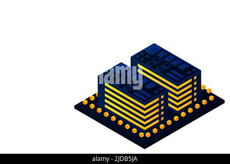 Smart city or intelligent building isometric vector concept. Modern smart city urban planning and development infrastructure buildings. Creative vecto Stock Vector