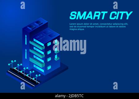 Smart city or intelligent building isometric vector concept. Modern smart city urban planning and development infrastructure buildings. Creative vecto Stock Vector