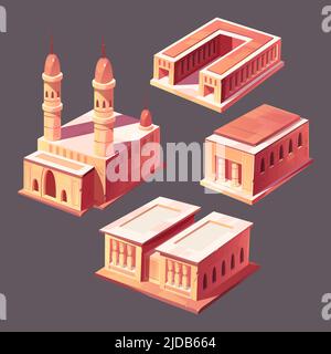 Egypt buildings isometric vector icons set. Temple with tower and palace with square, houses, egyptian city landscape elements, ancient architecture monuments isolated on background Stock Vector