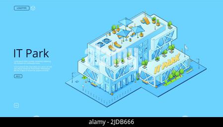 IT park banner with isometric modern business office building. Vector landing page of technopark, workplace for engineers and programmers teamwork for software and technologies development Stock Vector