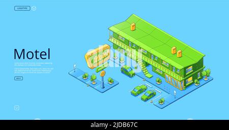 Motel poster with isometric small hotel building exterior with parking. Vector banner of apartment house or accommodation rooms on road or highway with billboard and staircase Stock Vector