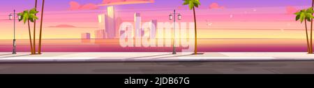 Sunset city skyline architecture near the bay waterfront. Modern megalopolis with palm trees, skyscrapers reflecting in water surface under pink sky panoramic background, Cartoon vector illustration Stock Vector