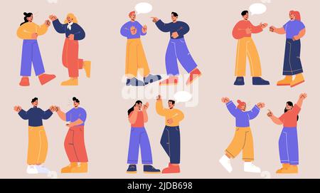 Set of couples quarrel, angry characters conflict. Husband and wife or friends scandal, family relations, domestic violence, spousal abuse. People swear and argue, Line art flat vector illustration Stock Vector
