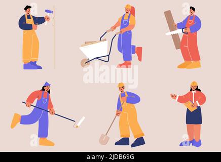 Set of repair service workers. Builders, repairmen, construction and renovation employees or foreman. Male and female characters in uniform with professional tools, Line art flat vector illustration Stock Vector