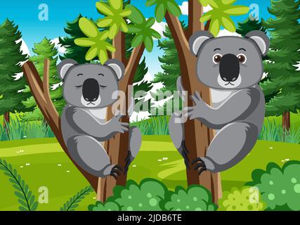 Koalas in the forest background illustration Stock Vector