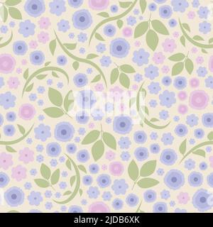 Romantic purple and pink floral seamless vector pattern. Soft, dreamy wildflowers with flowing green leaves. Repeat background flower print for fabric Stock Vector