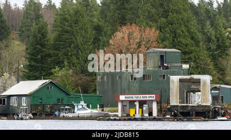 Marine fuel station along the shoreline on Bamfield inlet, Vancouver Island; Bamfield; British Columbia, Canada Stock Photo