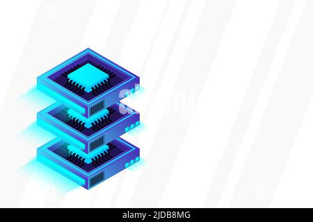 Quantum computer, large data processing, server room, artificial intelligence, data base concept, the microprocessor isometric vector Stock Vector