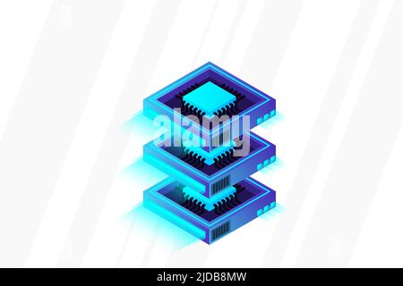 Quantum computer, large data processing, server room, artificial intelligence, data base concept, the microprocessor isometric vector Stock Vector