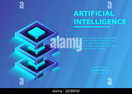 Quantum computer, large data processing, server room, artificial intelligence, data base concept, the microprocessor isometric vector Stock Vector
