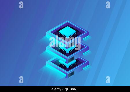 Quantum computer, large data processing, server room, artificial intelligence, data base concept, the microprocessor isometric vector Stock Vector