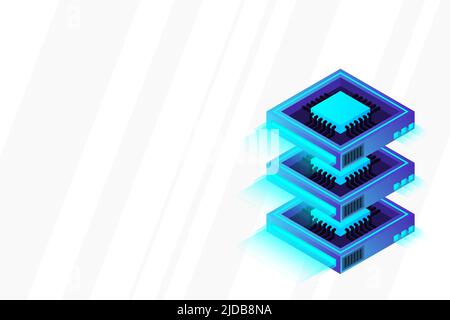 Quantum computer, large data processing, server room, artificial intelligence, data base concept, the microprocessor isometric vector Stock Vector