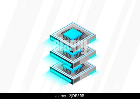 Quantum computer, large data processing, server room, artificial intelligence, data base concept, the microprocessor isometric vector Stock Vector