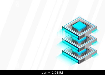 Quantum computer, large data processing, server room, artificial intelligence, data base concept, the microprocessor isometric vector Stock Vector