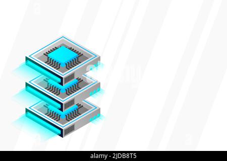 Quantum computer, large data processing, server room, artificial intelligence, data base concept, the microprocessor isometric vector Stock Vector
