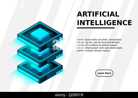 Quantum computer, large data processing, server room, artificial intelligence, data base concept, the microprocessor isometric vector Stock Vector