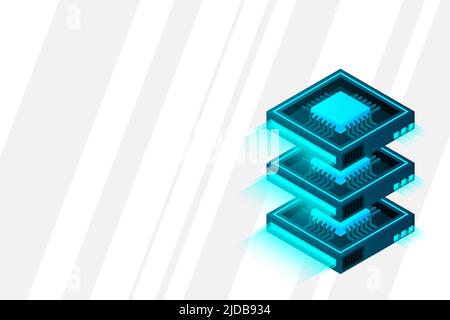 Quantum computer, large data processing, server room, artificial intelligence, data base concept, the microprocessor isometric vector Stock Vector