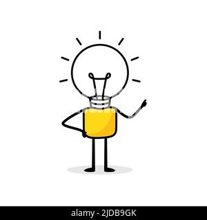 Man with a light bulb head on white background. Hand drawn doodle stickman. Idea and creativity concept. Vector stock illustration. Stock Vector