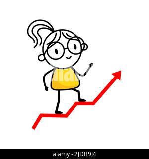 Businesswoman goes to success isolated on white background. Hand drawn doodle woman. Concept of financial growth. Dashboard with the analysis of finan Stock Vector