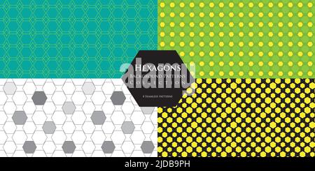 Hexagons background vector repeat patterns set. 4 patterns in one eps file for wallpaper, backgrounds,paper,cards, packaging, wrapping and scrapbooking Stock Vector