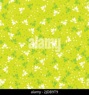 Tiny green and white hand drawn floral seamless pattern. Lime green fabric background. Vector repeat pattern for fabric allover print and textile Stock Vector