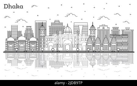 Outline Dhaka Bangladesh City Skyline with Historic Buildings and Reflections Isolated on White. Vector Illustration. Dhaka Cityscape with Landmarks. Stock Vector