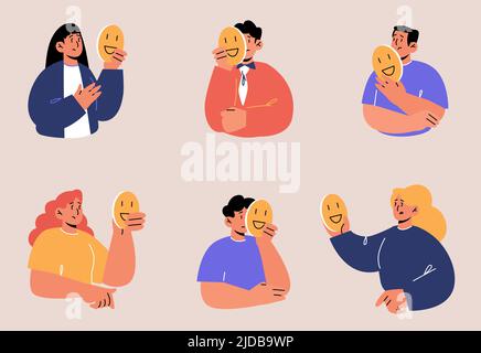 Set of people hiding faces behind of social masks with fake positive emotions. impostor syndrome, hypocrisy. Sad men and women disguising real feelings and identity, Line art flat vector illustration Stock Vector