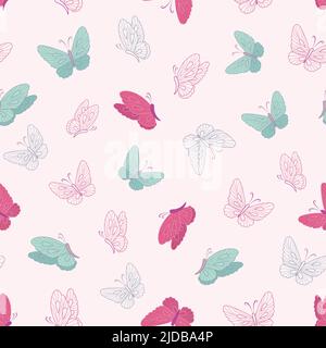 Pink and blue butterflies vector seamless repeat pattern.  Great for textile, fashion allover print, summer fabric.For scrapbooking, packaging project Stock Vector