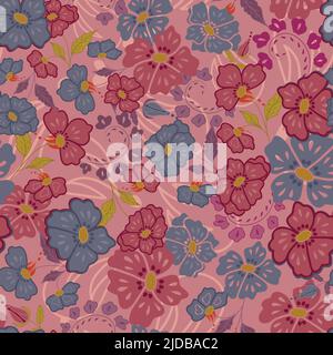 Pink and blue floral garden vector seamless pattern for fabric allover print, textile, backgrounds Stock Vector