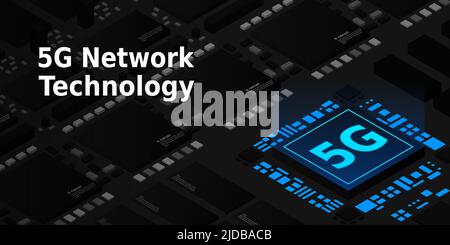 5G network processor illustration. Mobile wireless internet of next generation. Isometric futuristic micro chip. micro chip illustration. PC mainboard Stock Vector