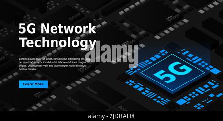 5G network processor illustration. Mobile wireless internet of next generation. Isometric futuristic micro chip. micro chip illustration. PC mainboard Stock Vector