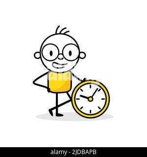Businessman leaning on a clock on white background. Hand drawn doodle man. Vector stock illustration. Stock Vector