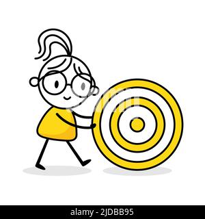 Businesswoman pushing a target on white background. Hand drawn doodle woman. Vector stock illustration. Stock Vector
