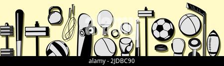 Sports equipment for athletes. Horizontal bottom seamless border. Set of tools Vector. Stock Vector