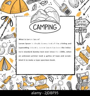 Banner with elements of camping life on a white background. Hiking. Tourism. Camping emblem with mountains. Tents, compass, map, etc. There is a reven Stock Vector
