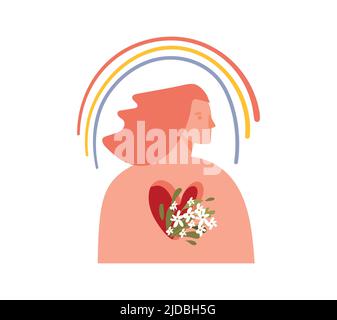 Girls with a blooming heart and a rainbow icon, the concept of good mood, inspiration, the state of being in love. Happy teen girl, abstract symbol of Stock Vector