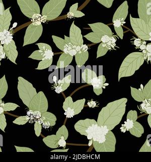 White jasmine vines with cute green leaves and black background silhouettes. Vector seamless background pattern.Perfect for fabric, wallpapers,textile Stock Vector