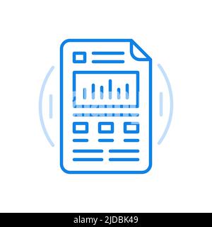 Text statistical report vector line icon. Sheet of paper with graph bars and notes. Checking and fnalyzing successful information report. Marketing pr Stock Vector