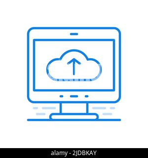 Upload to cloud service vector line icon. Service and storage online data on connected web servers. Cloud with up arrow on monitor screen. Accessible Stock Vector