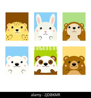 Set of kawaii member icon. Cards with cute cartoon animals. Baby collection of avatars with panther, leopard, panda, brown bear, gopher, rabbit, polar Stock Vector