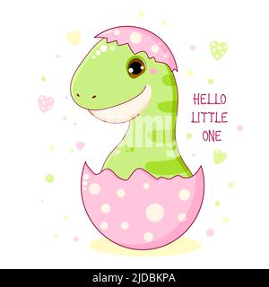 Baby shower invitation template. Cute newborn dinosaur in egg. Inscription Hello little one. Can be used for invitations, birthday greeting card. Vect Stock Vector
