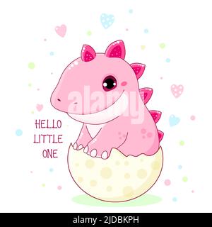 Baby shower invitation template. Cute newborn dinosaur in egg. Inscription Hello little one. Can be used for invitations, birthday greeting card. Vect Stock Vector