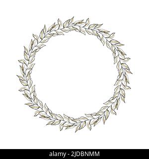 Wreath floral wedding hand drawn doodle with gold stripe decorated, decoration, round frame with branches leaves with gold gradient. Vector illustration Stock Vector
