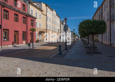 Warszawska Street in city of Ciechanow, Poland. Main pedestrian boulevard in the city center in the morning. Stock Photo