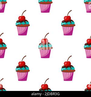 seamless cupcake pattern with blue cream, chocolate glaze and cherry. vector illustration Stock Vector