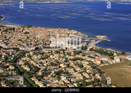 France, Hérault, Mèze, the Mediterranean port city, situated on the banks of the Etang de Thau with its parks has shells, (aerial photo) Stock Photo