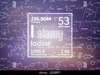 Iodine chemical element with first ionization energy, atomic mass and electronegativity values on scientific background Stock Vector