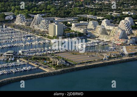 France, Hérault, La Grande Motte seaside resort, and large marina in the Mediterranean (aerial photo) Stock Photo