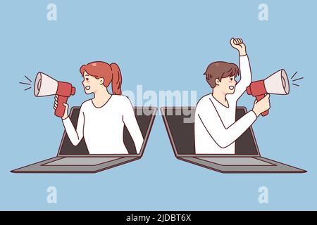 People with megaphones screaming about promotion or discount deal from laptops. Man and woman with loudspeakers promote sale or campaign. Vector illustration.  Stock Vector