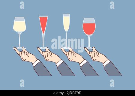 Hands holding diverse glasses with alcoholic beverages. Sommelier tasting alcohol. Party or celebration. Drinks at bar. Flat vector illustration.  Stock Vector